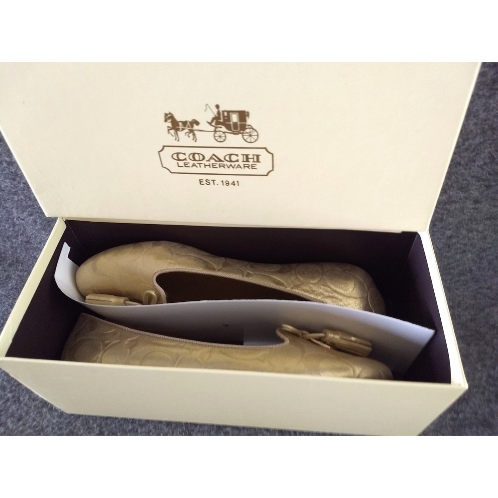 Coach Ballet Flats Womens 8 Dahlila Gold Embossed Signature C Logo Shoes NEW